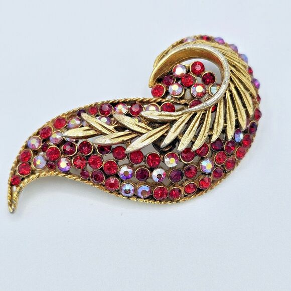 BSK Swirl Leaf Brooch Vintage Paisley Red & Red Aurora Borealis Large Estate Pin - Picture 7 of 13
